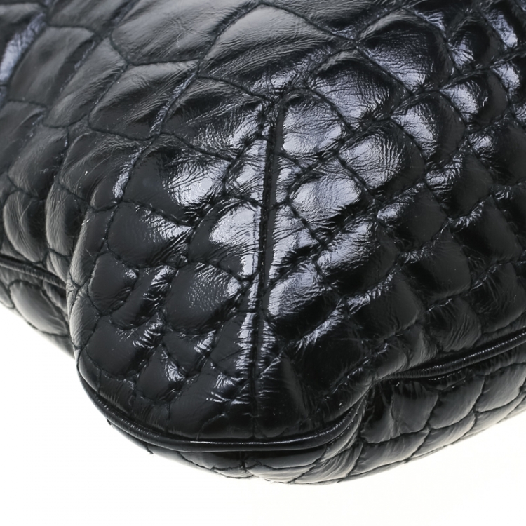 Pre Owned Saint Laurent Black Glazed Leather Croc Embossed Small Tribute Tote