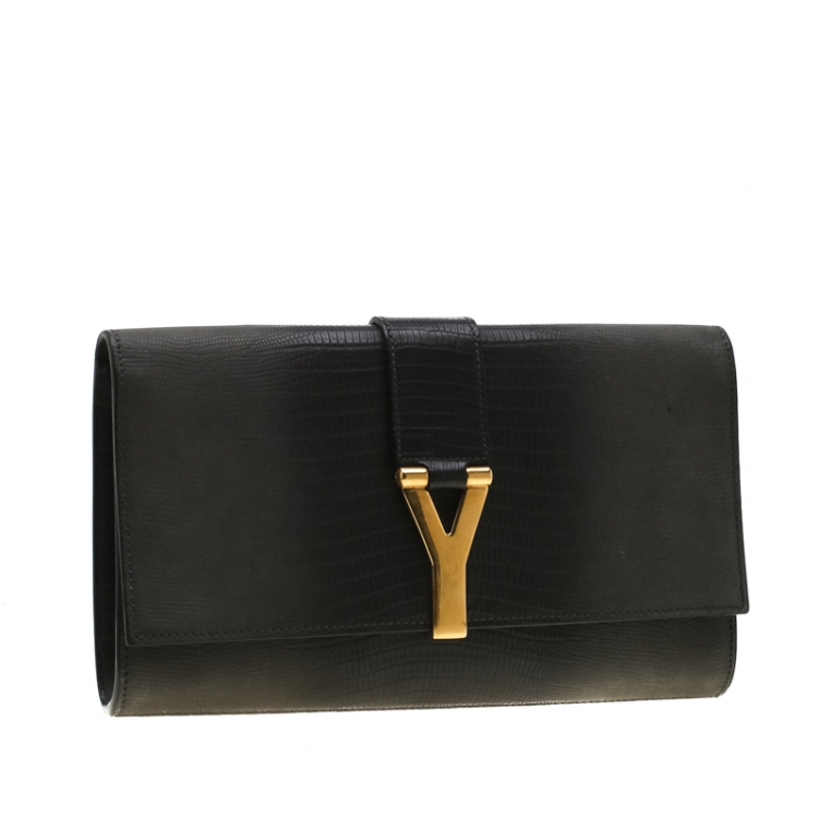 Pre Owned Saint Laurent Black/Grey Ombre Lizard Embossed Leather Large Chyc Clutch