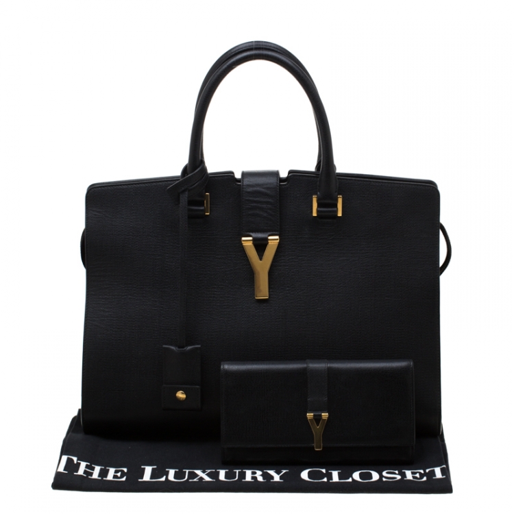 Pre Owned Saint Laurent Black Textured Leather Medium Cabas Chyc Satchel