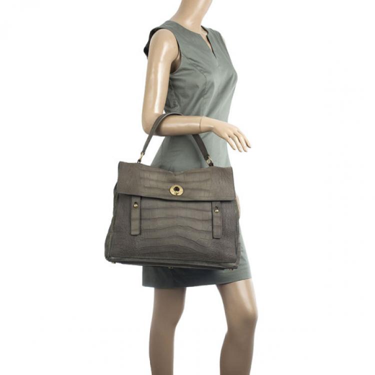 Pre Owned Saint Laurent Paris Green Croc Embossed Muse Two Satchel