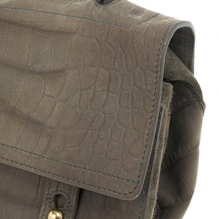 Pre Owned Saint Laurent Paris Green Croc Embossed Muse Two Satchel