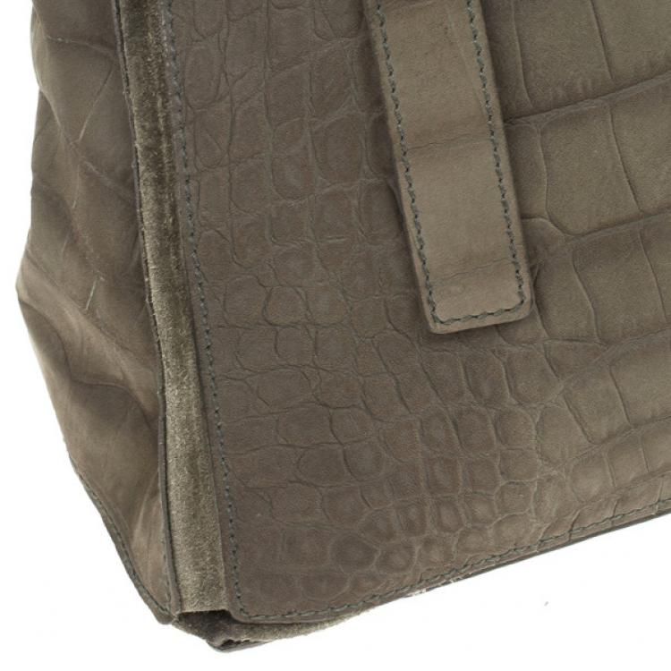 Pre Owned Saint Laurent Paris Green Croc Embossed Muse Two Satchel