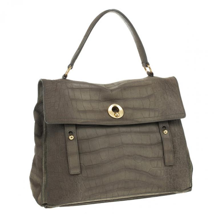 Pre Owned Saint Laurent Paris Green Croc Embossed Muse Two Satchel