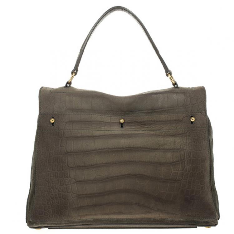 Pre Owned Saint Laurent Paris Green Croc Embossed Muse Two Satchel