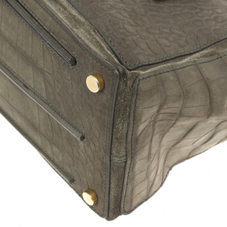 Pre Owned Saint Laurent Paris Green Croc Embossed Muse Two Satchel