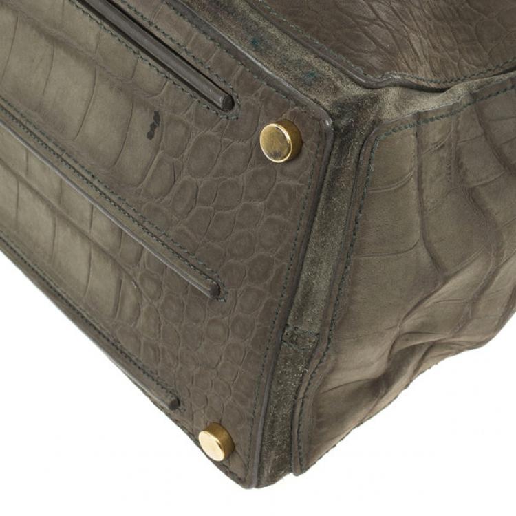 Pre Owned Saint Laurent Paris Green Croc Embossed Muse Two Satchel