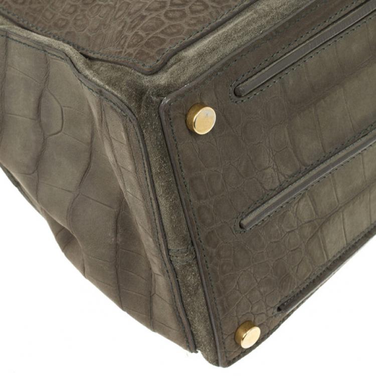 Pre Owned Saint Laurent Paris Green Croc Embossed Muse Two Satchel