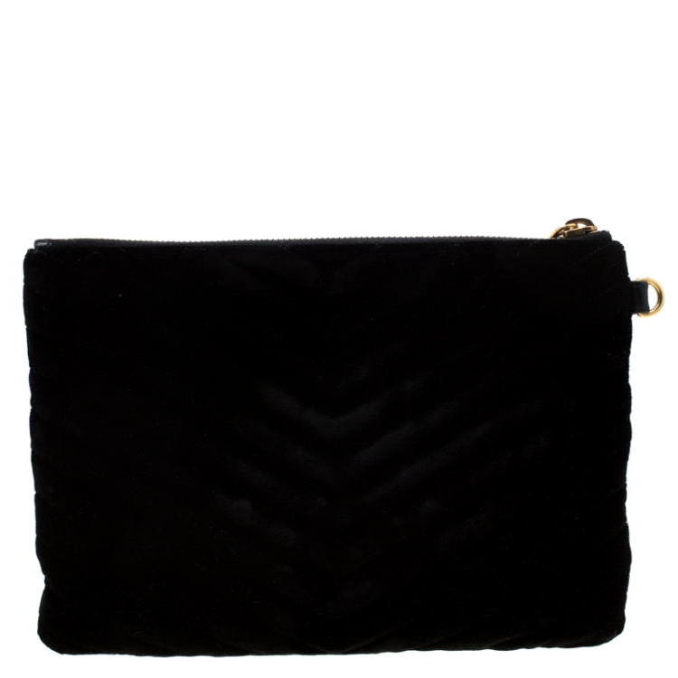 Pre Owned Saint Laurent Paris Black Chevron Velvet Monogram Clutch
