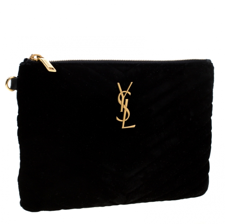Pre Owned Saint Laurent Paris Black Chevron Velvet Monogram Clutch
