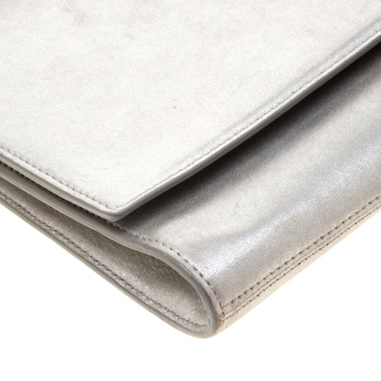 Pre Owned Saint Laurent Paris Silver Leather Belle De Jour Flap Clutch