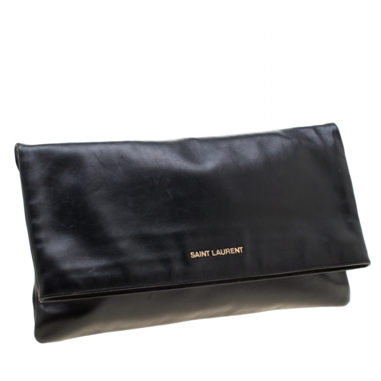 Pre Owned Saint Laurent Paris Black Leather Large Foldover Clutch