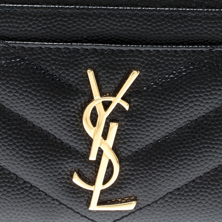 Pre Owned Saint Laurent Black Matelasse Leather Monogram Card Holder 