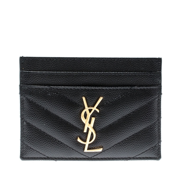 Pre Owned Saint Laurent Black Matelasse Leather Monogram Card Holder 