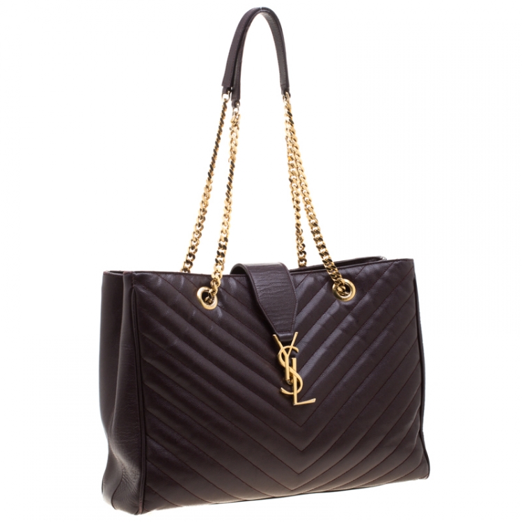 Pre Owned Saint Laurent Paris Burgundy Matelasse Leather Cassandre Shopper Tote