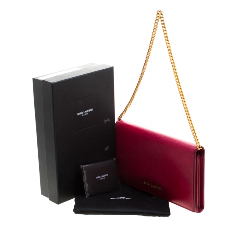 Pre Owned Saint Laurent Paris Fuchsia Textured Patent Leather Classic Letters Chain Clutch Bag