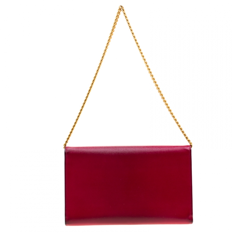 Pre Owned Saint Laurent Paris Fuchsia Textured Patent Leather Classic Letters Chain Clutch Bag