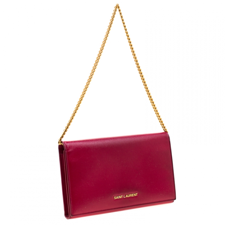 Pre Owned Saint Laurent Paris Fuchsia Textured Patent Leather Classic Letters Chain Clutch Bag
