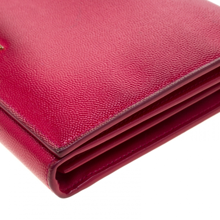 Pre Owned Saint Laurent Paris Fuchsia Textured Patent Leather Classic Letters Chain Clutch Bag