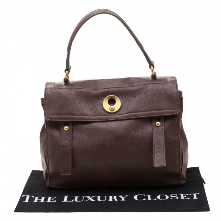 Pre Owned Saint Laurent Dark Brown Leather and Canvas Muse Two Satchel
