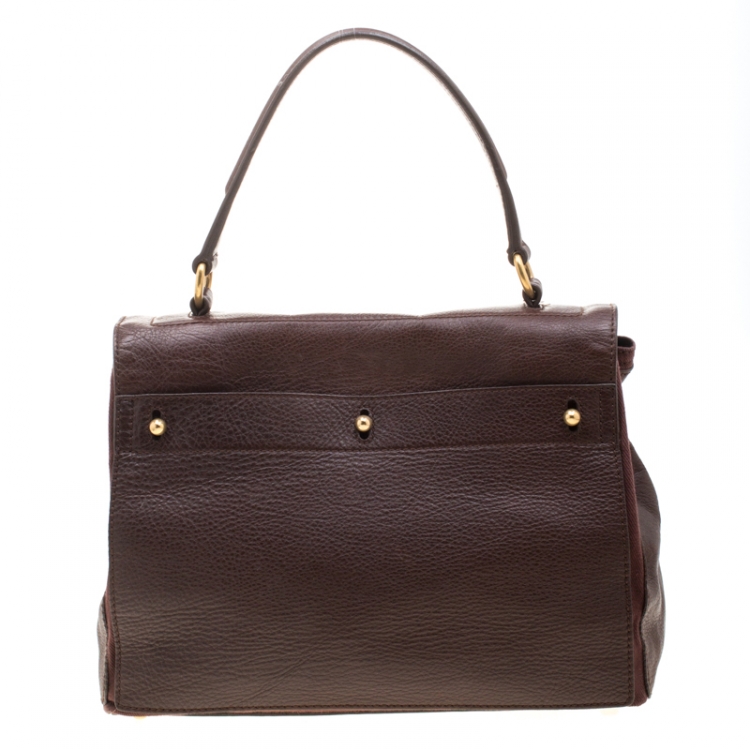 Pre Owned Saint Laurent Dark Brown Leather and Canvas Muse Two Satchel