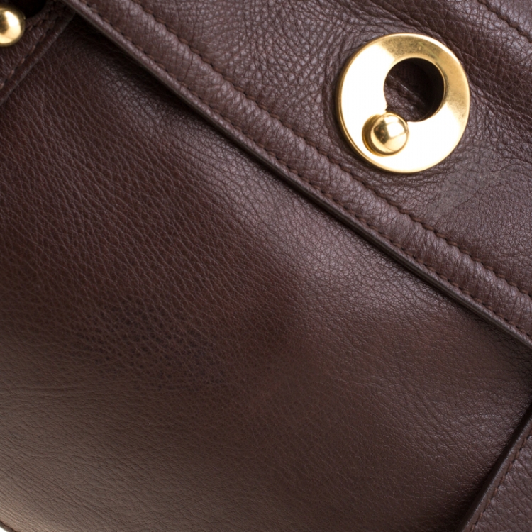 Pre Owned Saint Laurent Dark Brown Leather and Canvas Muse Two Satchel