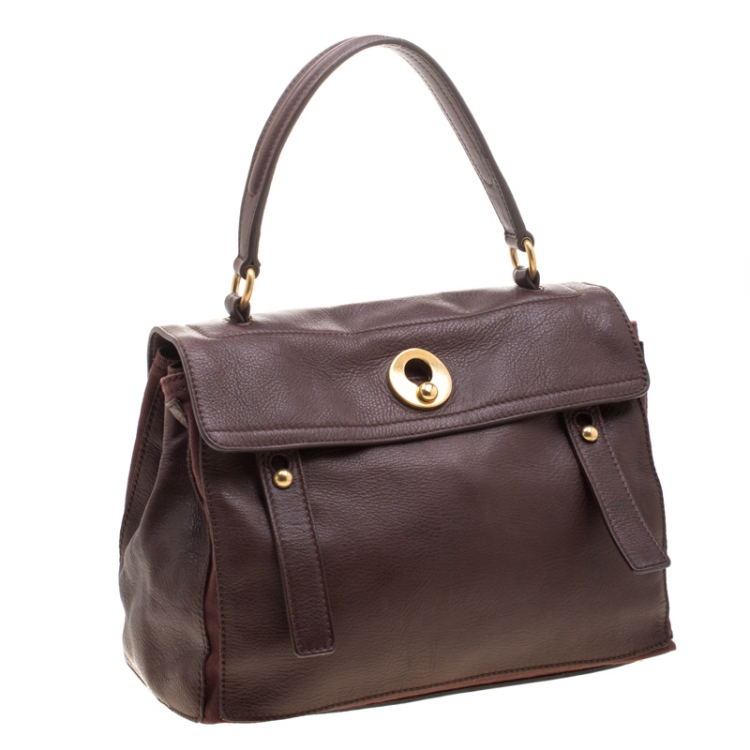 Pre Owned Saint Laurent Dark Brown Leather and Canvas Muse Two Satchel