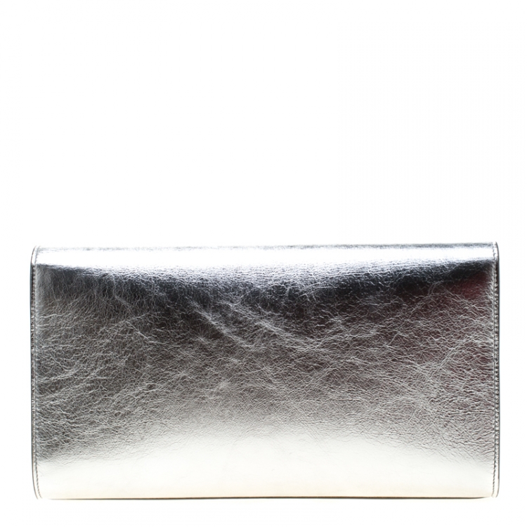 Pre Owned Saint Laurent Silver Leather Belle De Jour Flap Clutch