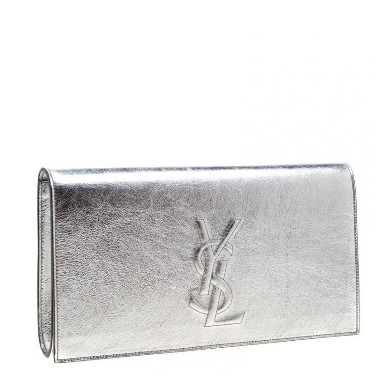Pre Owned Saint Laurent Silver Leather Belle De Jour Flap Clutch