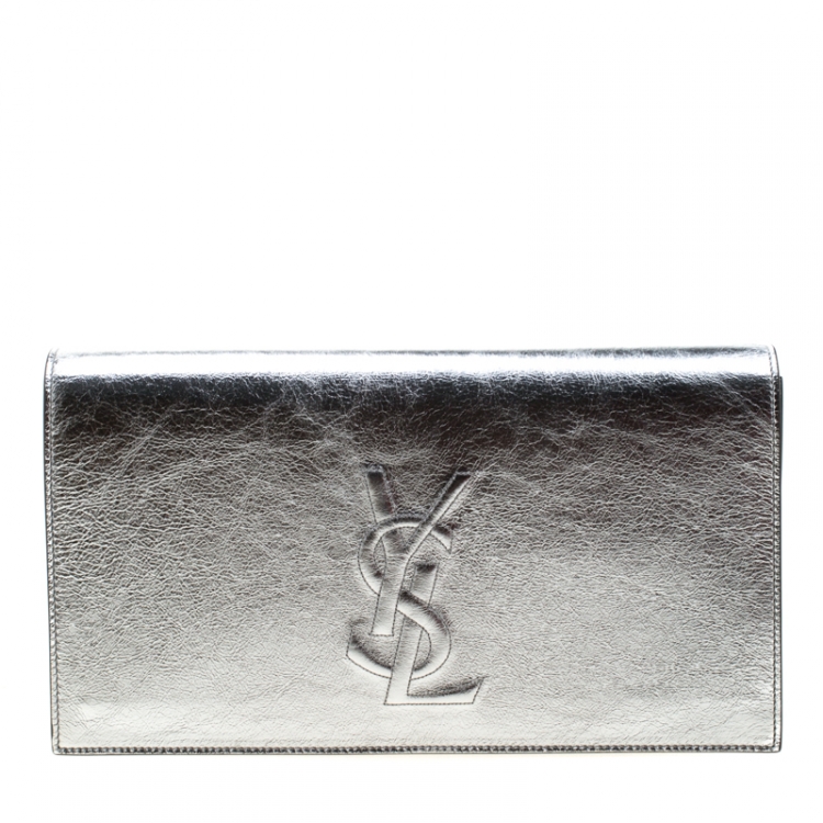 Pre Owned Saint Laurent Silver Leather Belle De Jour Flap Clutch