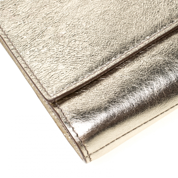 Pre Owned Saint Laurent Paris Gold Metallic Leather Belle De Jour Flap Clutch