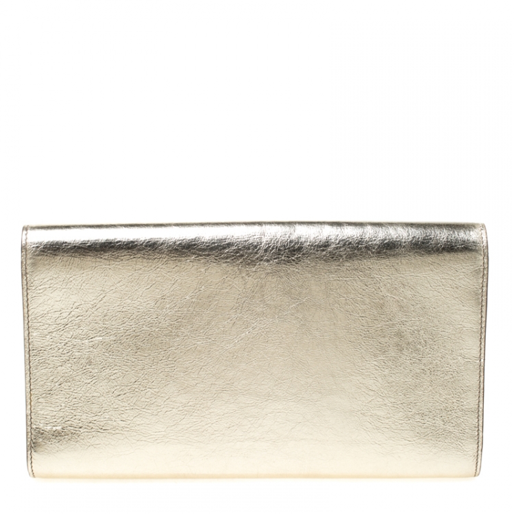 Pre Owned Saint Laurent Paris Gold Metallic Leather Belle De Jour Flap Clutch