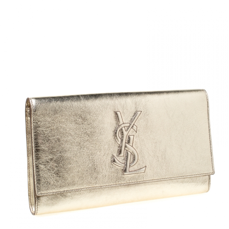 Pre Owned Saint Laurent Paris Gold Metallic Leather Belle De Jour Flap Clutch