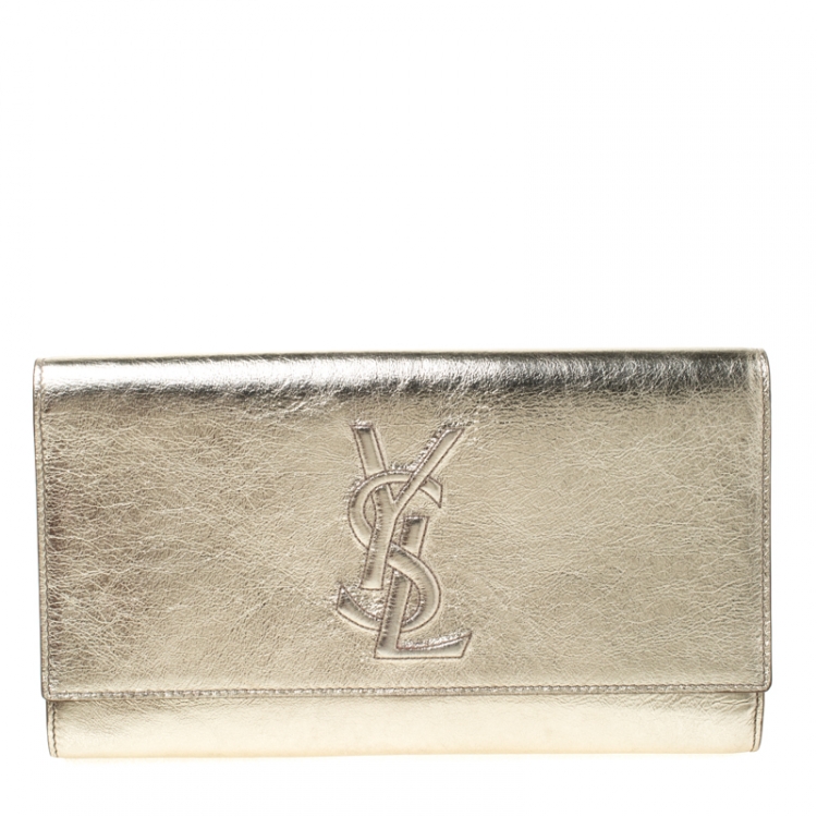 Pre Owned Saint Laurent Paris Gold Metallic Leather Belle De Jour Flap Clutch