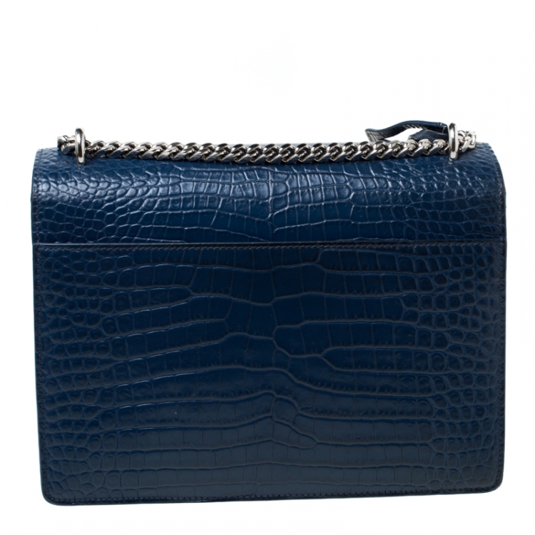 Pre Owned Saint Laurent Blue Croc Embossed Leather Medium Sunset Shoulder Bag