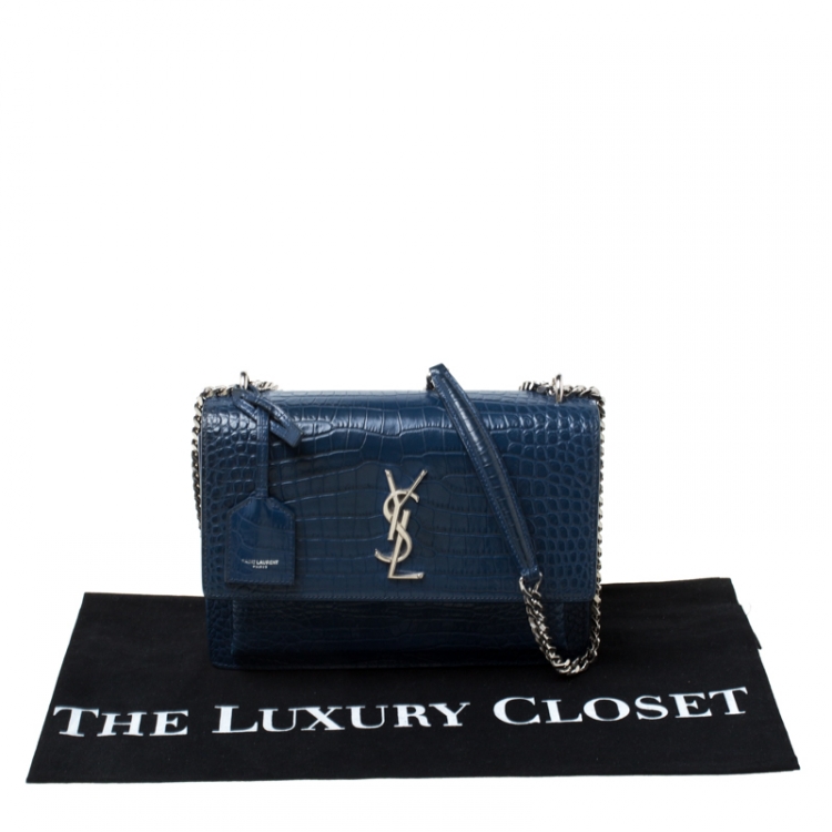 Pre Owned Saint Laurent Blue Croc Embossed Leather Medium Sunset Shoulder Bag