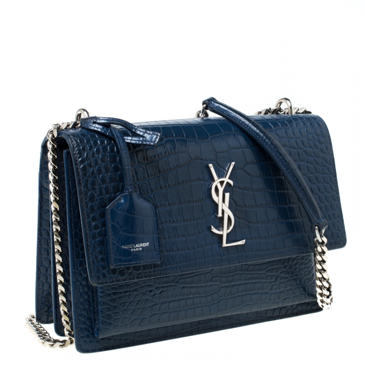Pre Owned Saint Laurent Blue Croc Embossed Leather Medium Sunset Shoulder Bag
