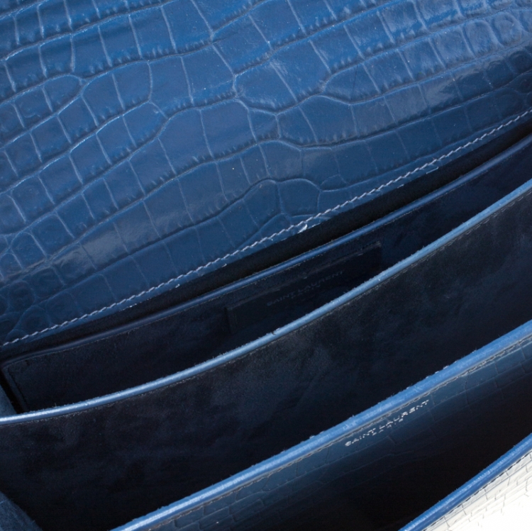 Pre Owned Saint Laurent Blue Croc Embossed Leather Medium Sunset Shoulder Bag