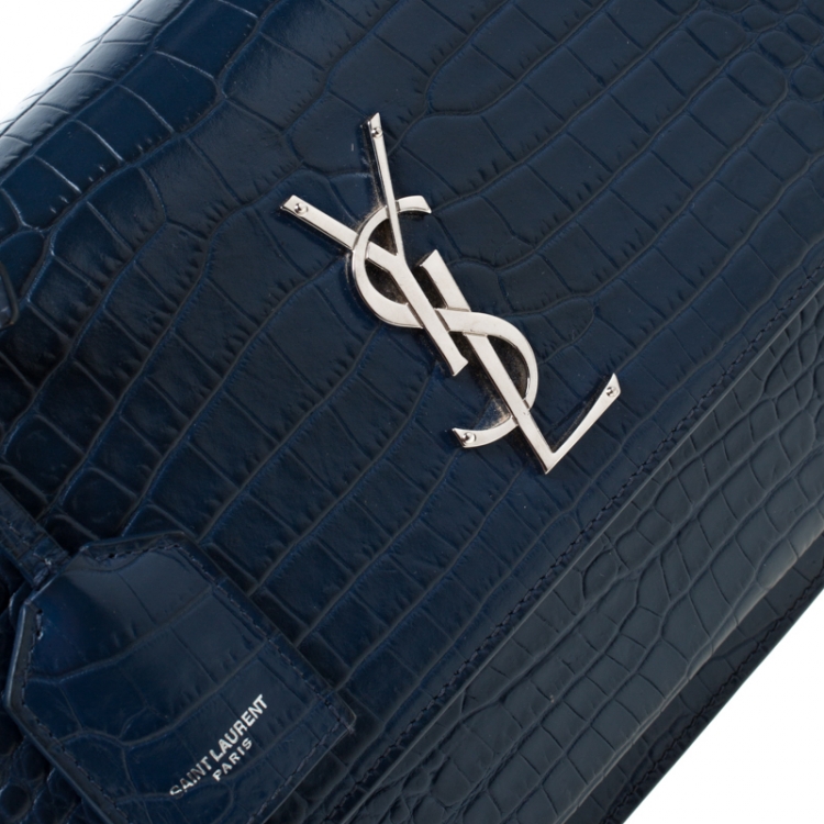 Pre Owned Saint Laurent Blue Croc Embossed Leather Medium Sunset Shoulder Bag