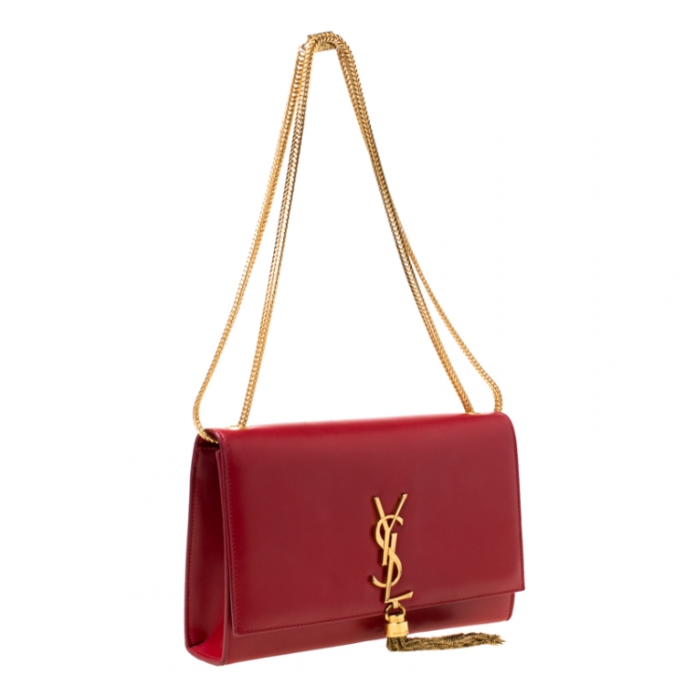 Pre Owned Saint Laurent Red Leather Kate Monogram Tassel Shoulder Bag