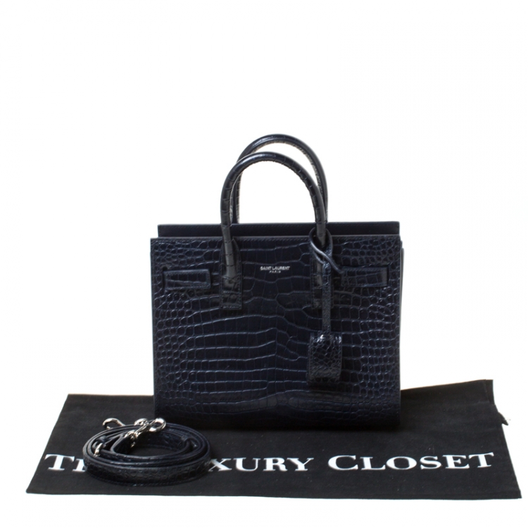 Pre Owned Saint Laurent Navy Blue Croc Embossed Leather Nano Classic Sac De Jour Tote