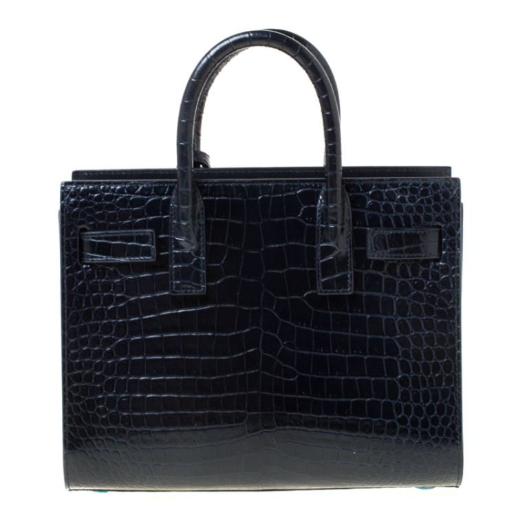 Pre Owned Saint Laurent Navy Blue Croc Embossed Leather Nano Classic Sac De Jour Tote