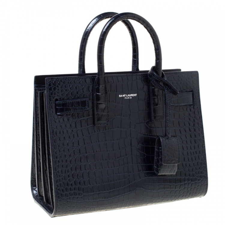 Pre Owned Saint Laurent Navy Blue Croc Embossed Leather Nano Classic Sac De Jour Tote