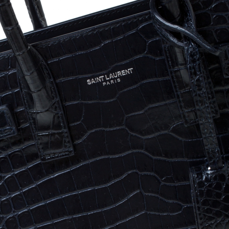 Pre Owned Saint Laurent Navy Blue Croc Embossed Leather Nano Classic Sac De Jour Tote