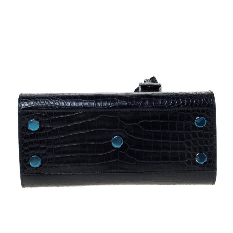 Pre Owned Saint Laurent Navy Blue Croc Embossed Leather Nano Classic Sac De Jour Tote