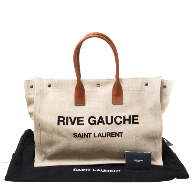 Pre Owned Saint Laurent Paris Beige/Tan Linen and Leather Rive Gauche Tote 