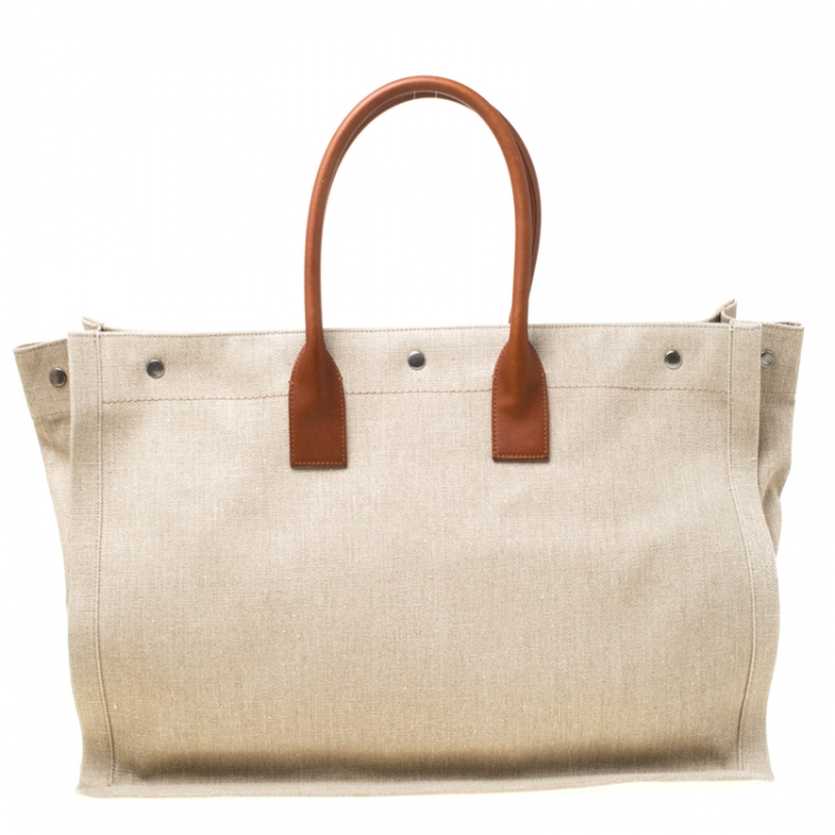 Pre Owned Saint Laurent Paris Beige/Tan Linen and Leather Rive Gauche Tote 