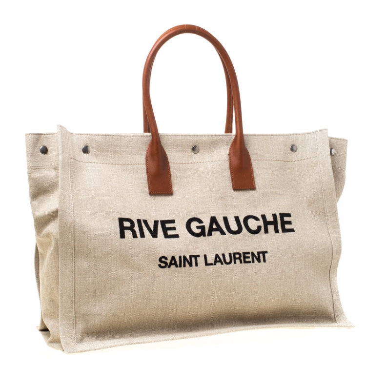 Pre Owned Saint Laurent Paris Beige/Tan Linen and Leather Rive Gauche Tote 