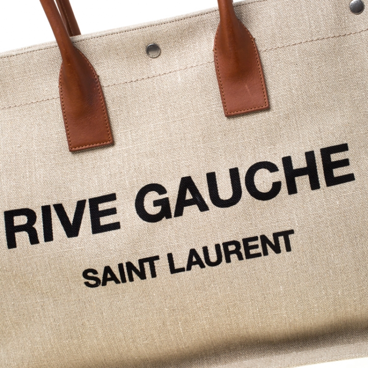 Pre Owned Saint Laurent Paris Beige/Tan Linen and Leather Rive Gauche Tote 