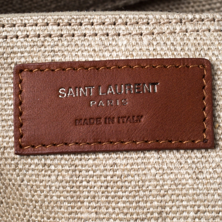 Pre Owned Saint Laurent Paris Beige/Tan Linen and Leather Rive Gauche Tote 