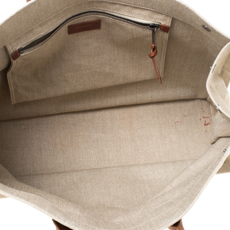 Pre Owned Saint Laurent Paris Beige/Tan Linen and Leather Rive Gauche Tote 